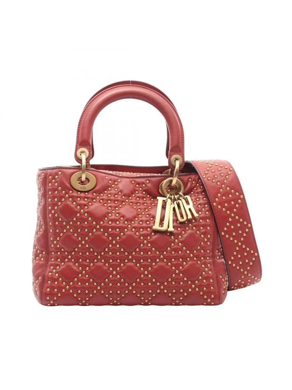Dior Handbag Lady Dior 2-Way Red Leather Lady Dior Studs Tote